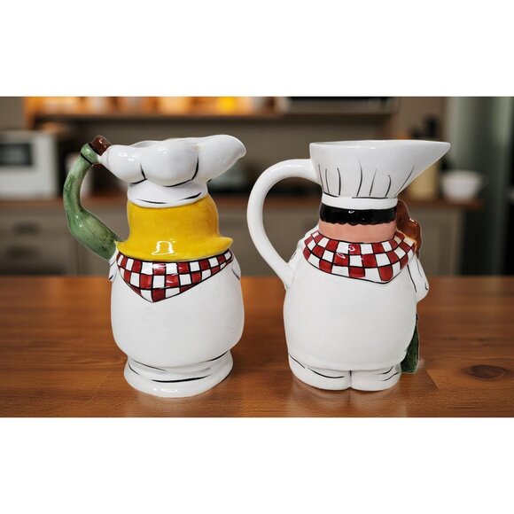 vintage fat chef pair of woman and man chef 32oz.ea ceramic pitchers. - Picture 2 of 11